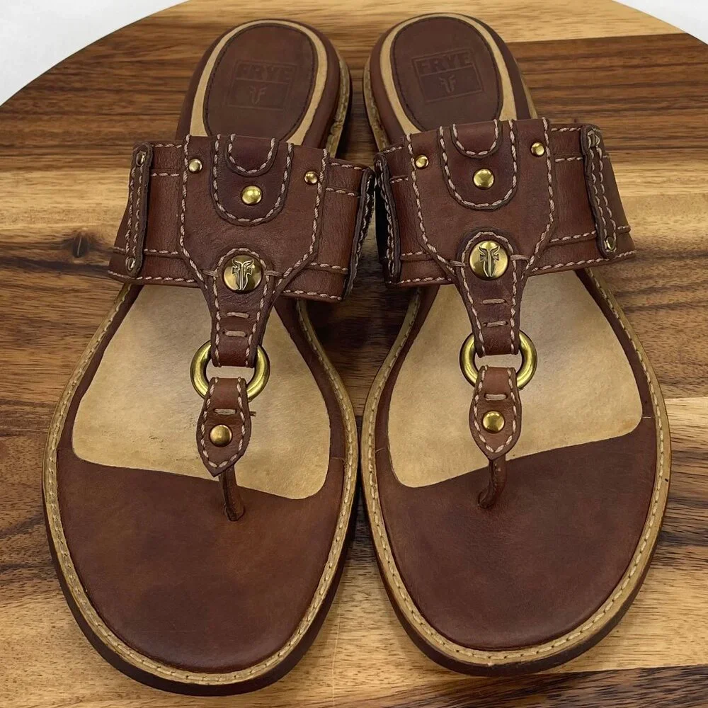 Frye Brown Leather Thong Sandals with Gold Hardware
